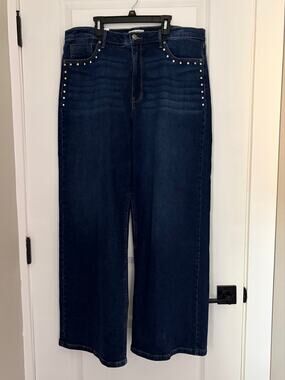 Nine West High Rise Wide Leg Studded Denim Jeans Dark Wash Size 16